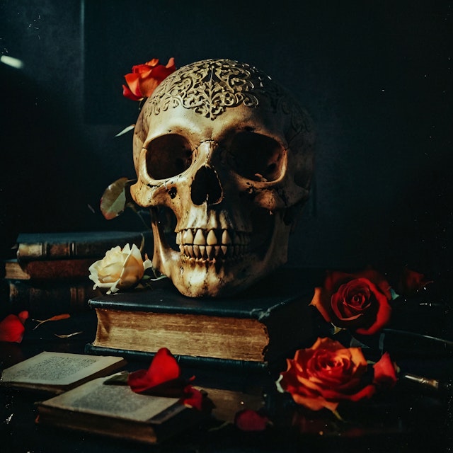 Skull with Roses on Books