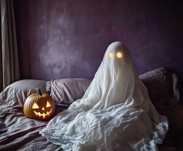 Ghost and Jack-o'-Lantern on Bed