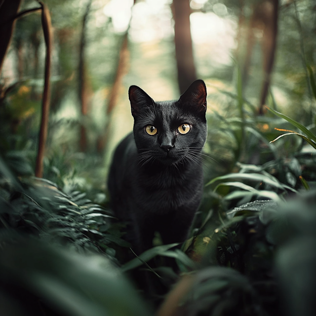 Elegant Black Cat in Lush Greenery