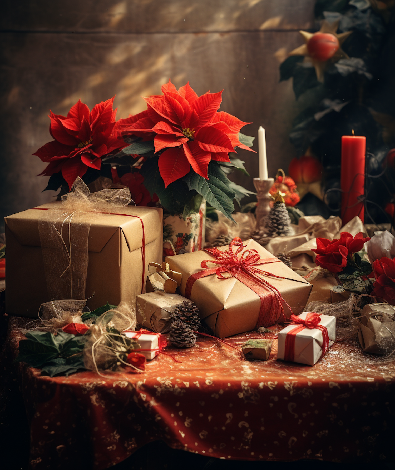 Christmas Still Life with Festive Gifts and Decorations