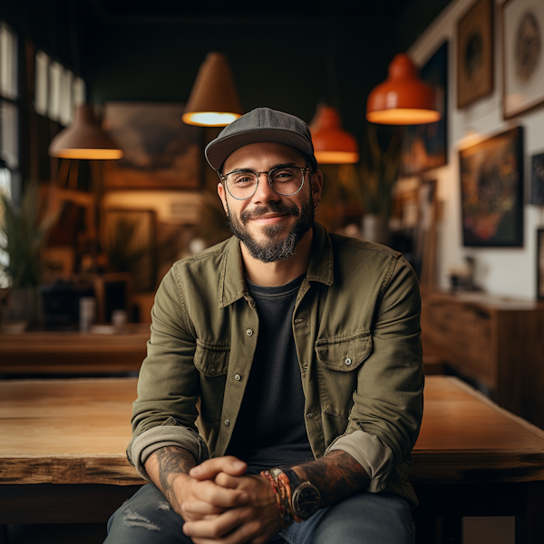 Relaxed Bearded Man with Tattoo at Cozy Cafe