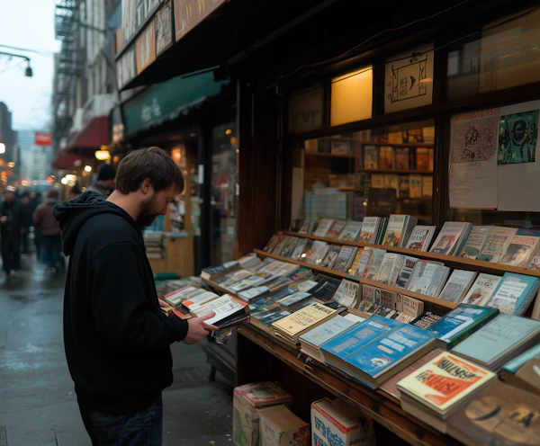 Man Browsing Books at Street Bookstore