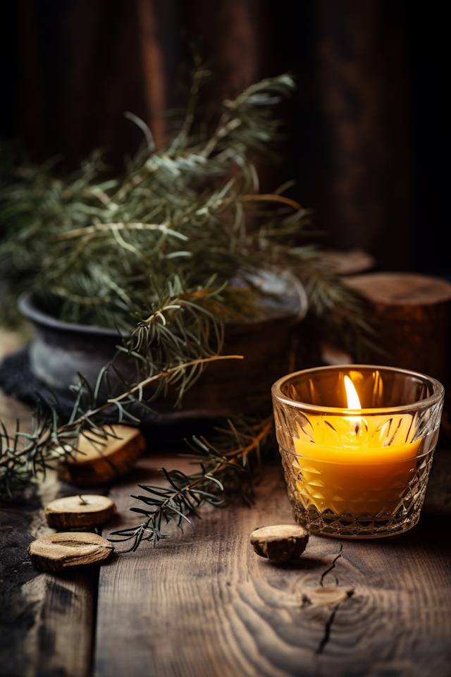 Rustic Tranquility: Candlelight and Rosemary