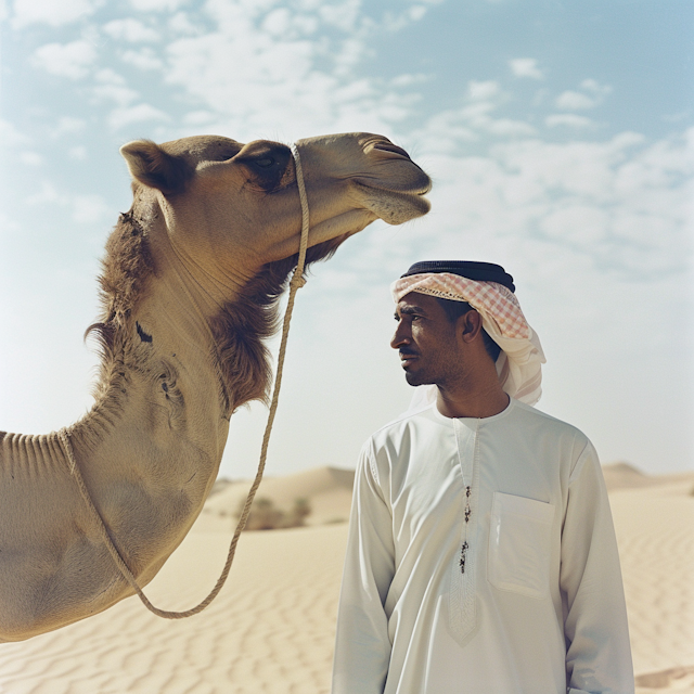 Man and Camel in Desert Landscape