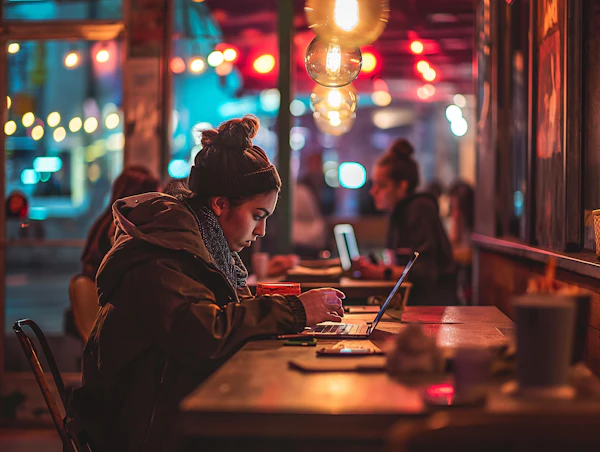 Winter Focus: Solitary Dedication in a Warmly Lit Café