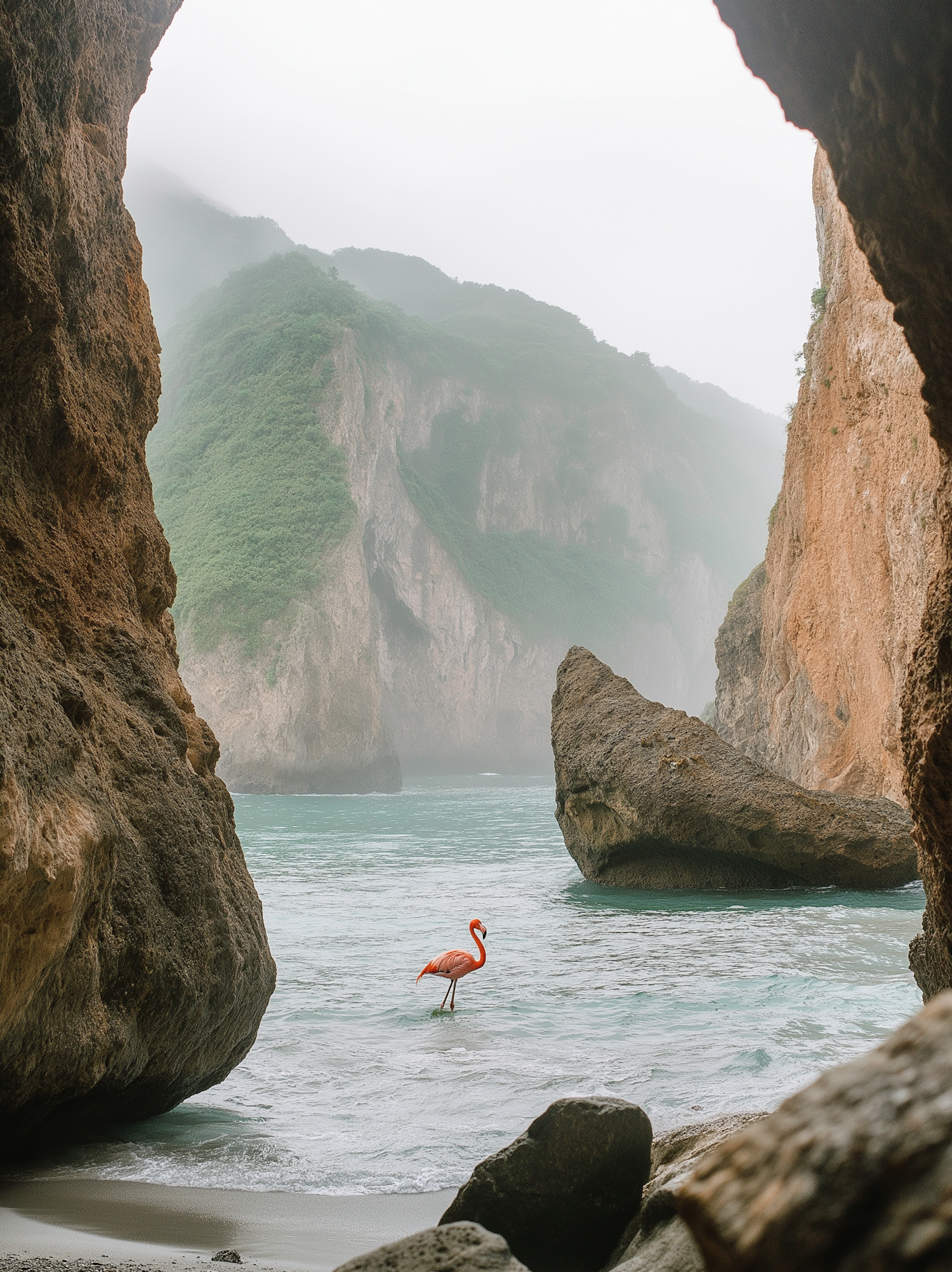 Serene Coastal Scene with Flamingo