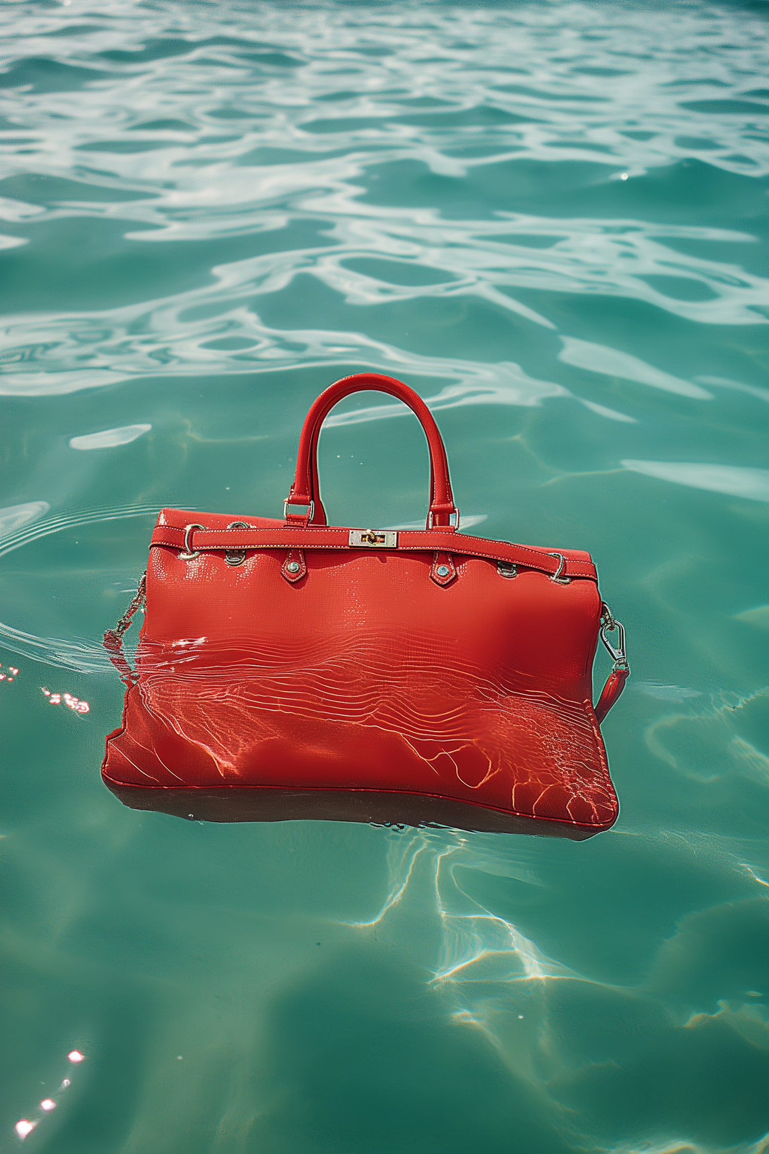 Red Handbag in Turquoise Seawater
