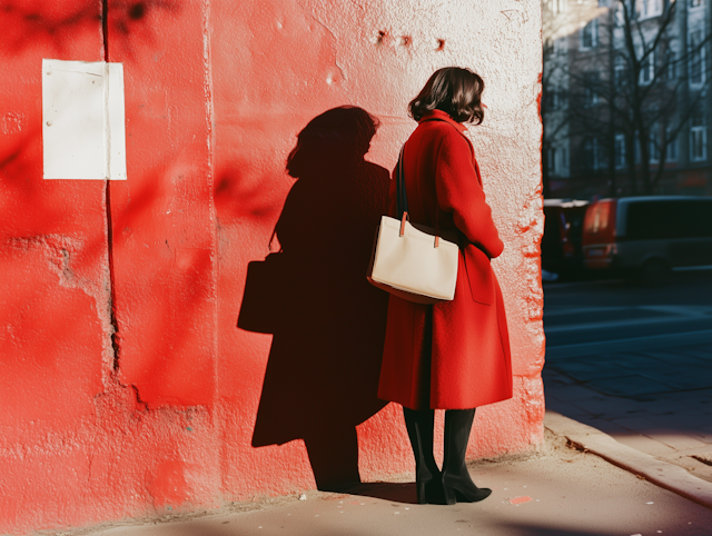 Person in Red Coat Against Red Wall