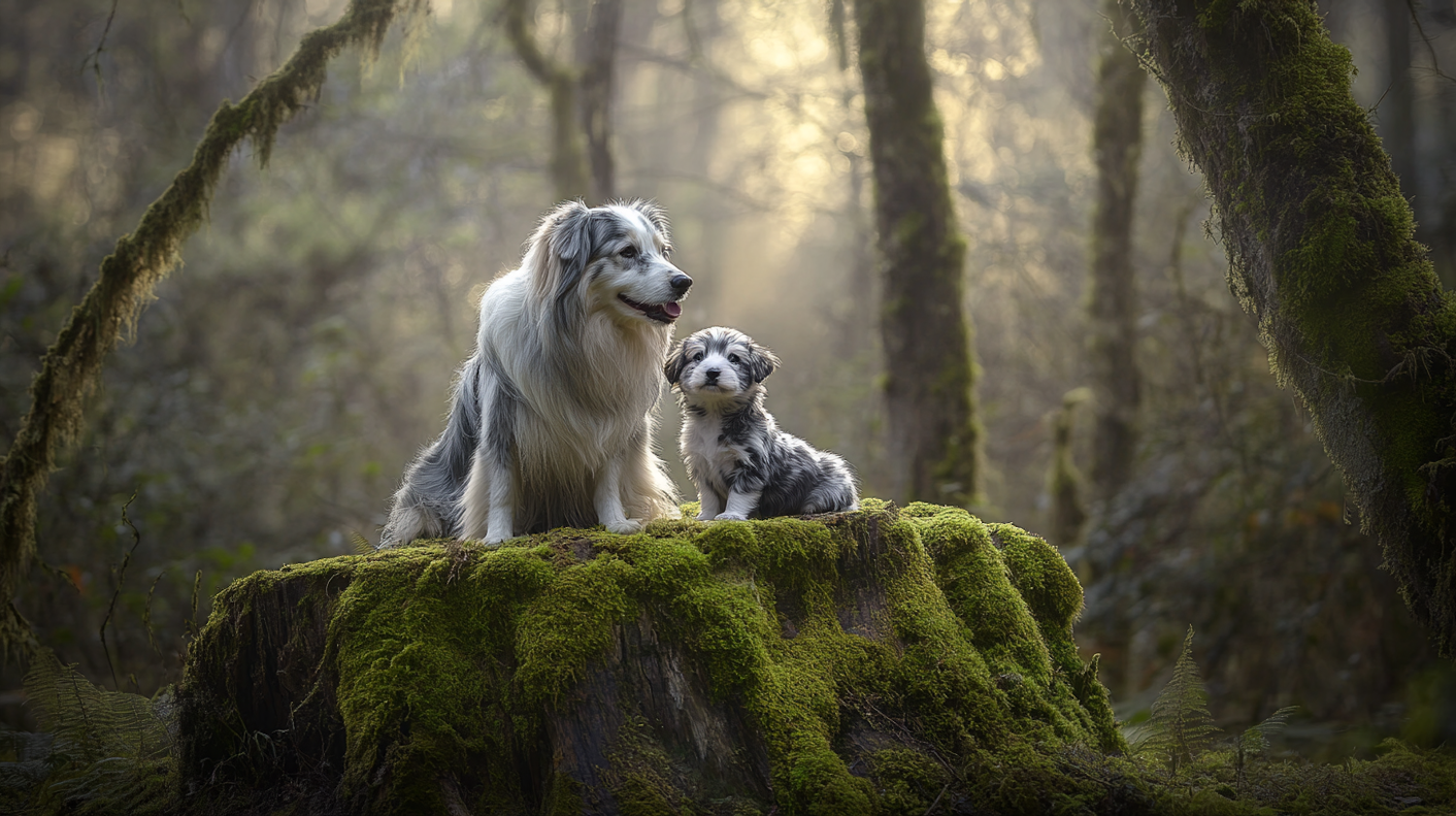 Dogs on Mossy Stump