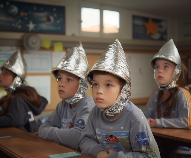 Children in Classroom with Aluminum Foil Hats