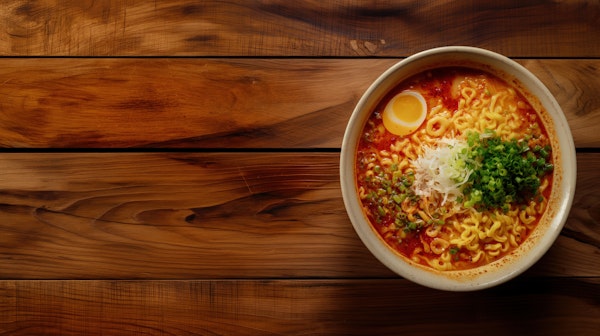 Spicy Ramen Noodles on Wood Table