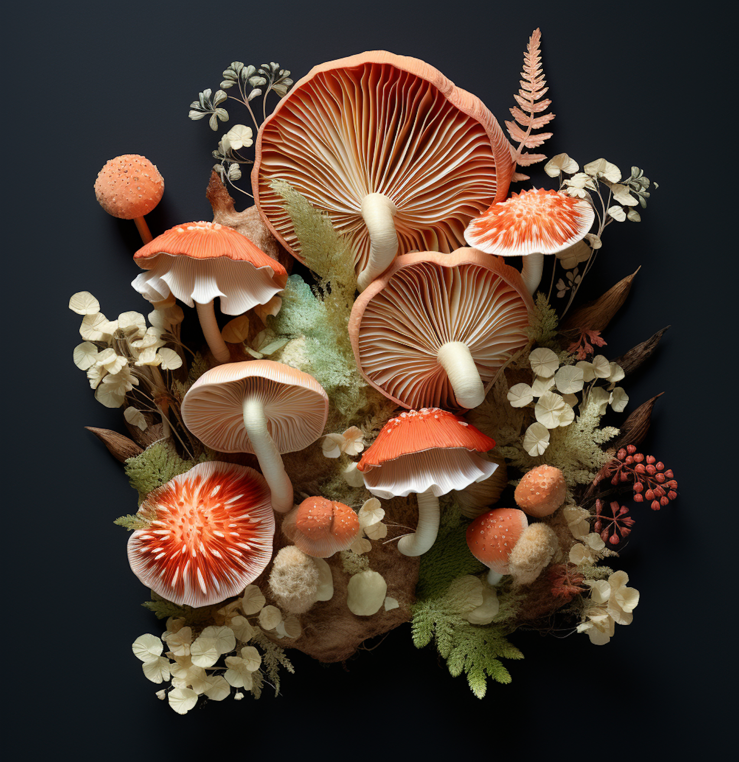 Symbiotic Still Life with Vibrant Mushrooms and Dried Botanicals