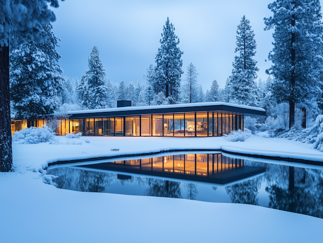 Modern Glass Building in Snowy Landscape