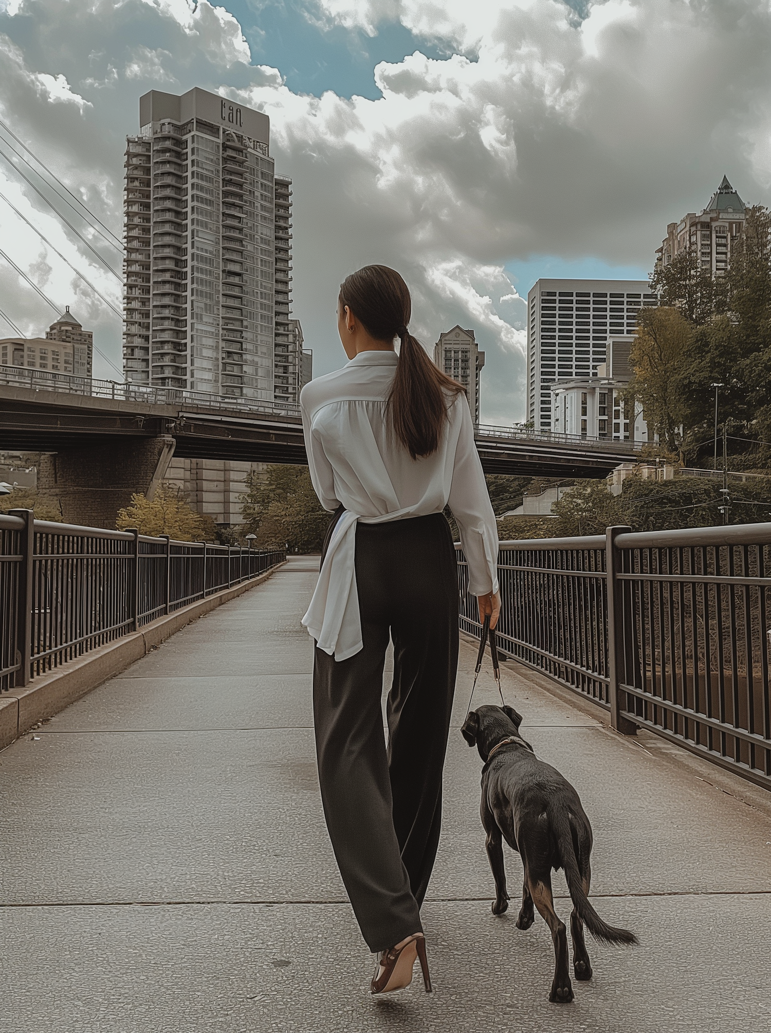 Woman and Dog on City Bridge