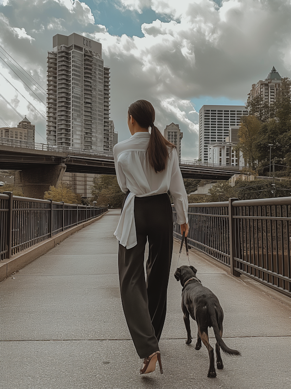 Woman and Dog on City Bridge