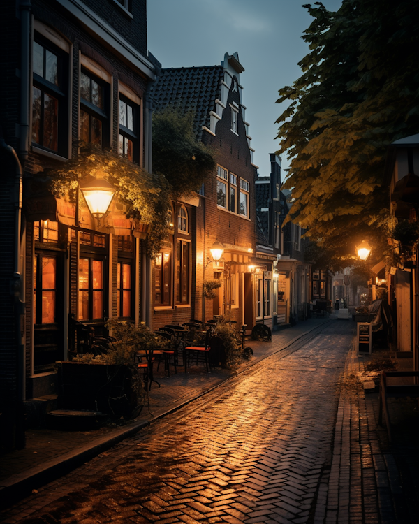 Twilight Serenity on a Rain-Kissed Dutch Cobblestone Street