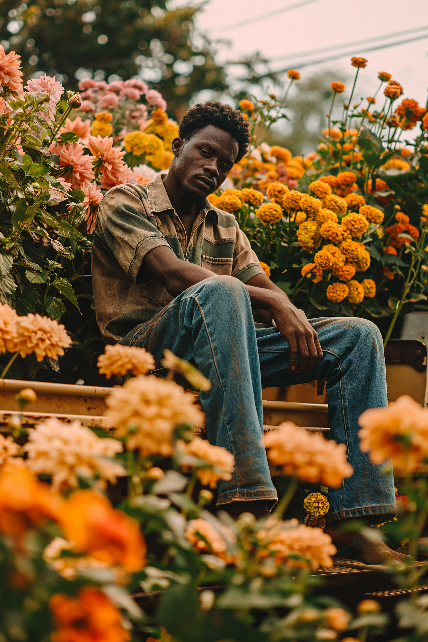 Contemplative Denim-Clad Man Amidst Warm Florals