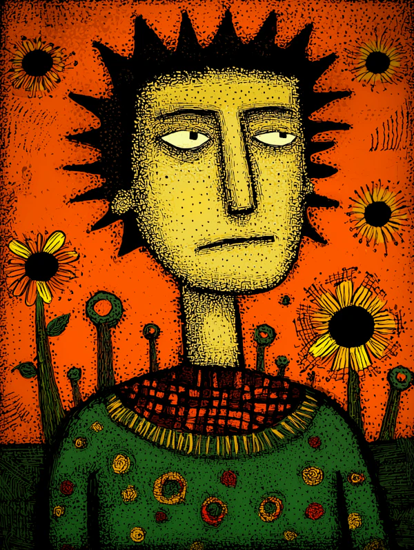 Stylized Human Figure with Sunflowers
