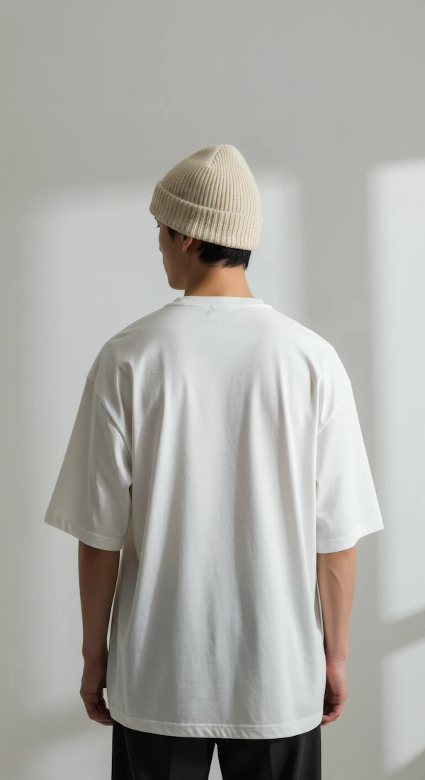 Person in White T-shirt and Beige Beanie