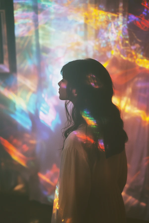 Woman in Colorful Light Patterns