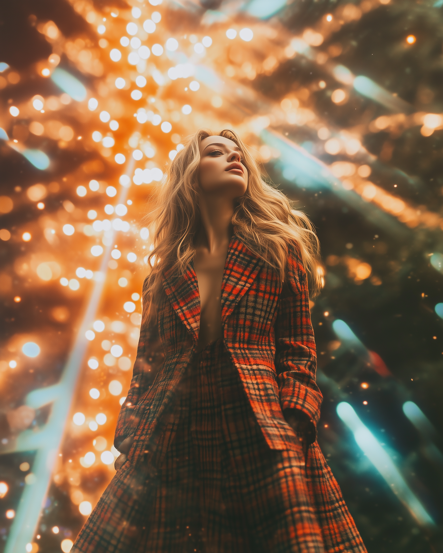 Woman in Plaid Coat with Bokeh Lights