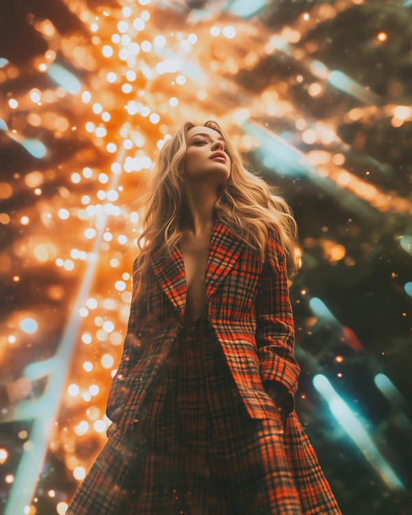 Woman in Plaid Coat with Bokeh Lights