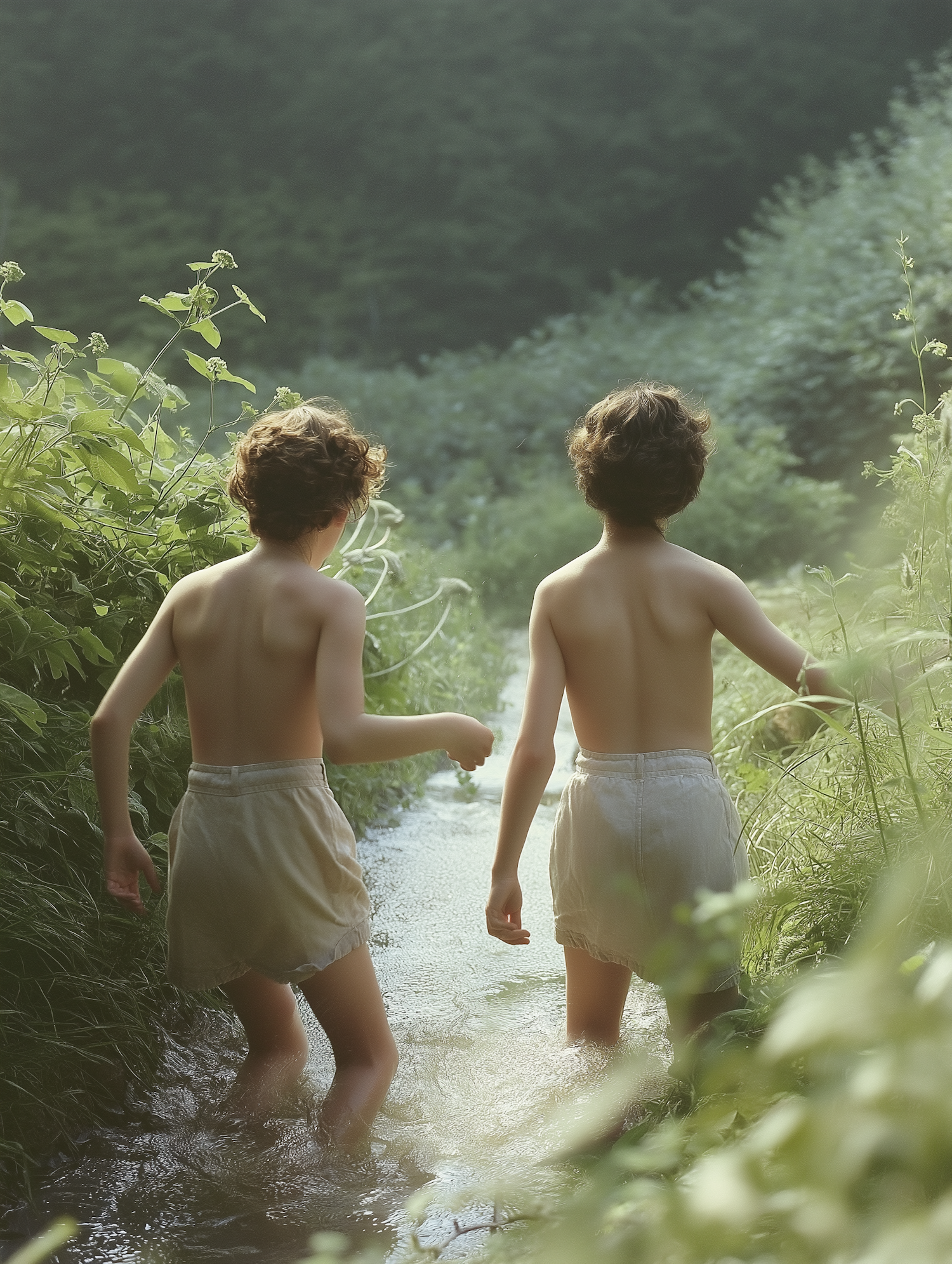 Children Wading Through Stream