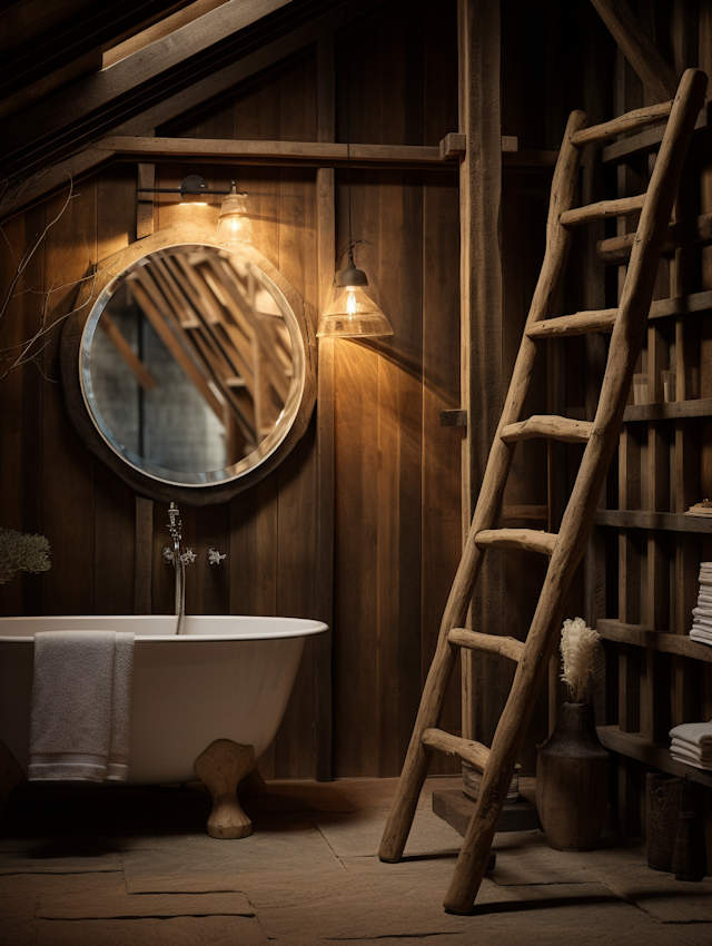 Rustic Tranquility: Clawfoot Bathtub in a Warmly Lit Vintage Bathroom