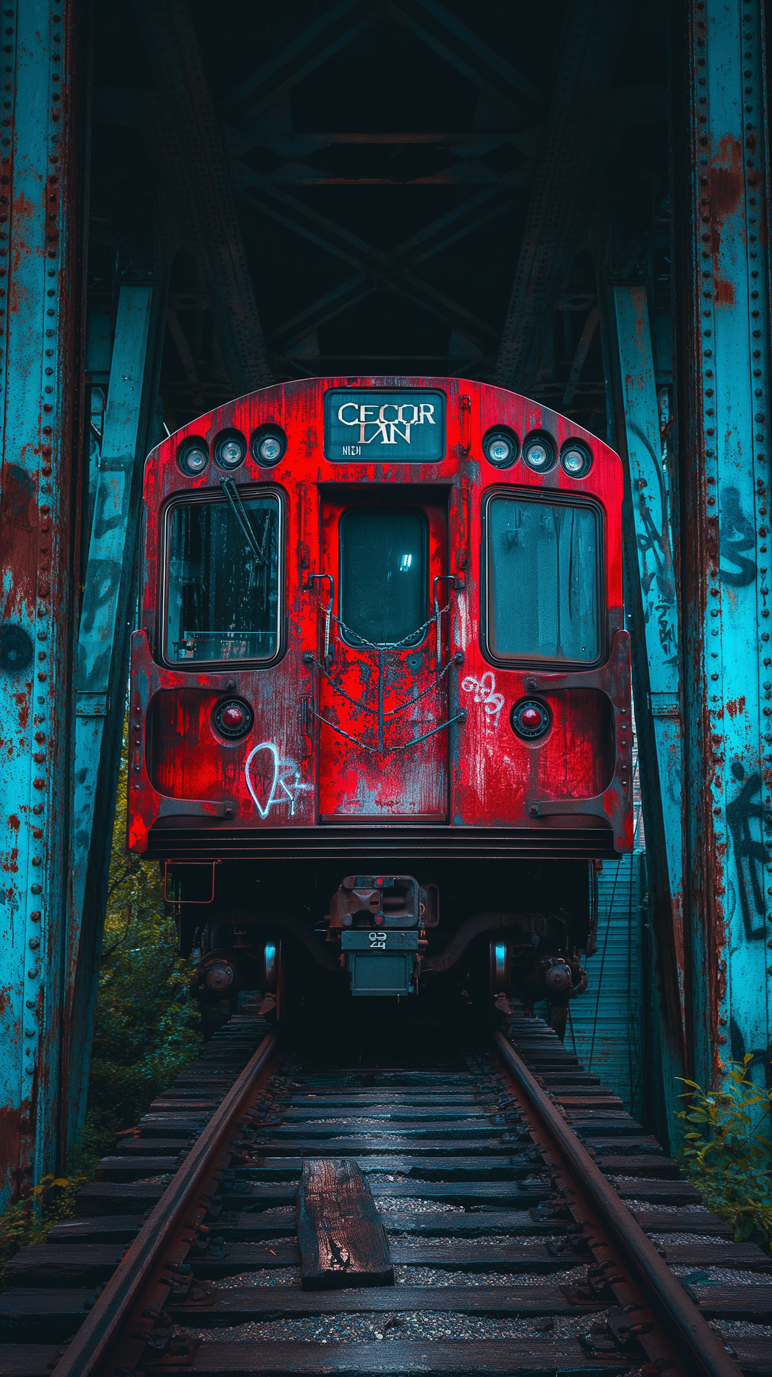 Graffiti-Clad Red Train Under a Dilapidated Bridge