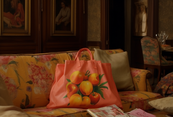 Domestic Fashion Apples Tote on Floral Couch