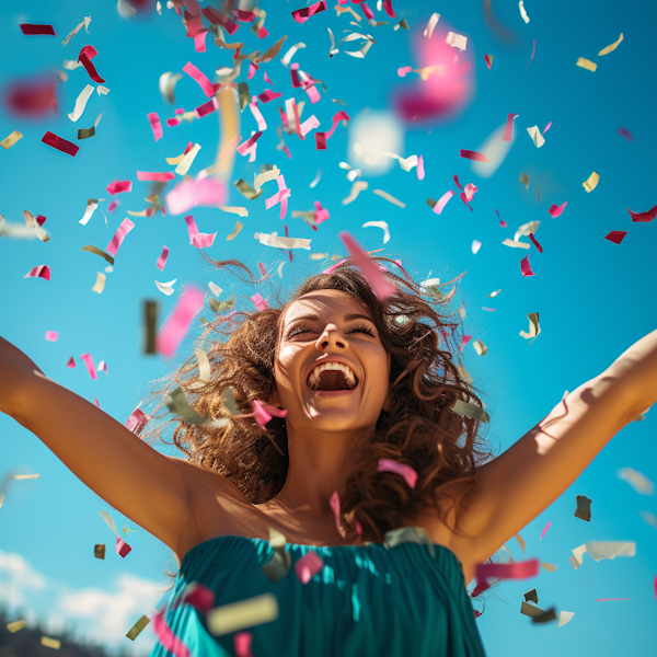 Joyful Elation: Woman Celebrating with Colorful Confetti