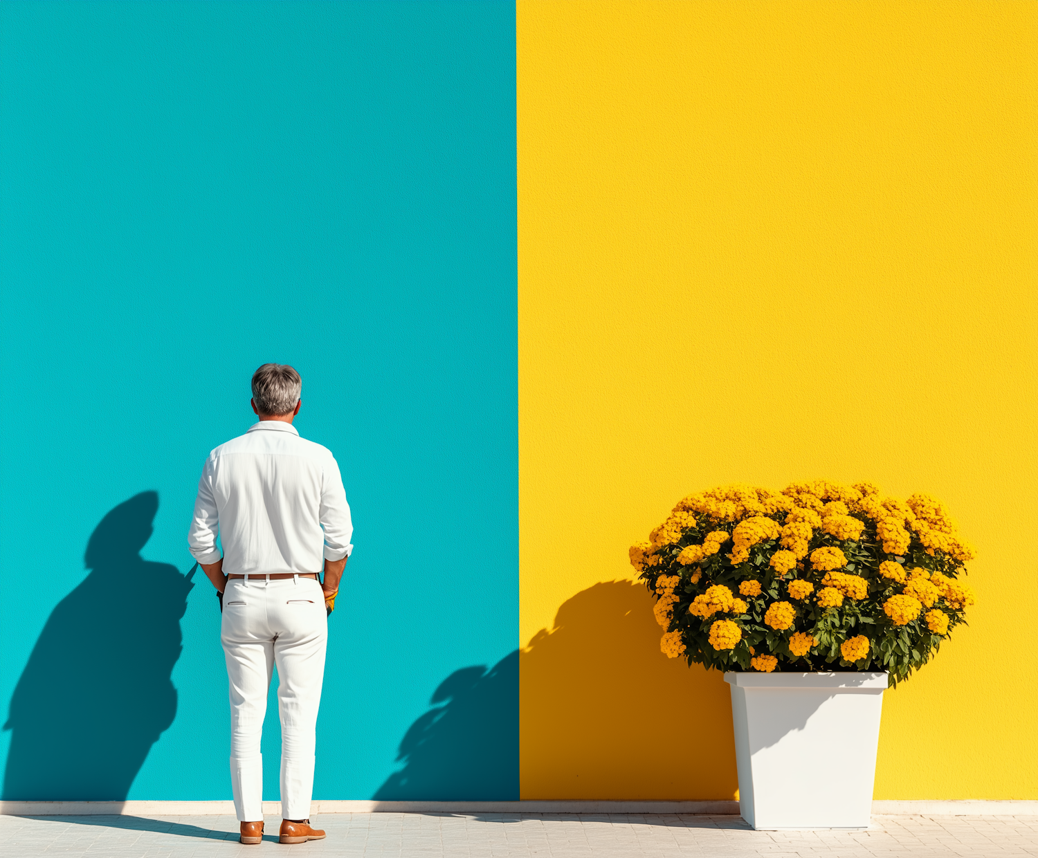 Man Observing Vibrant Floral Display