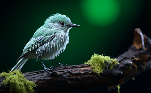 Pastel Green Feathered Bird on Lichen-Specked Branch