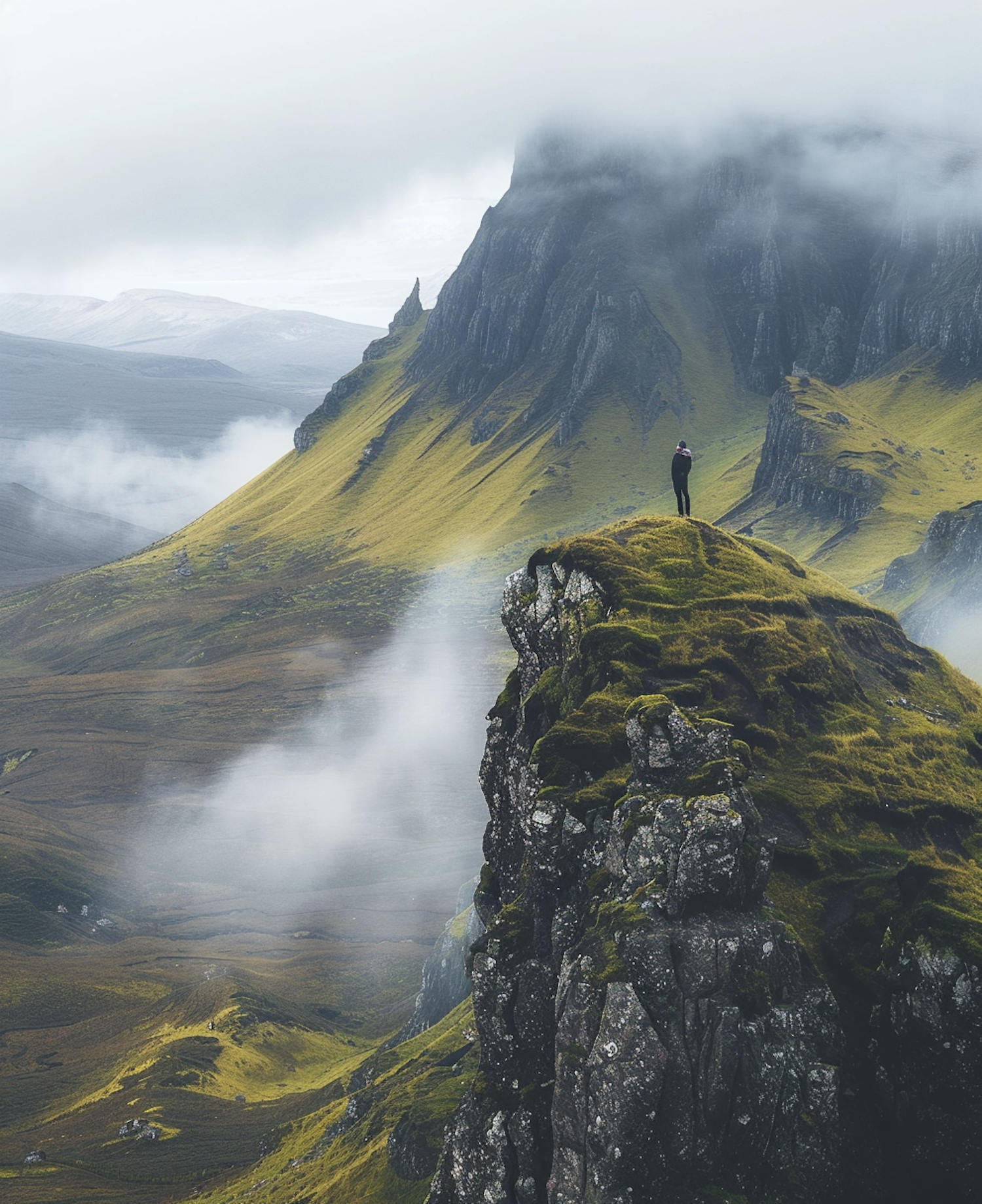 Solitary Figure in Mist-Shrouded Mountains