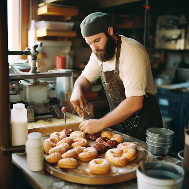 Artisan Baker Sprinkling Sugar on Fresh Doughnuts