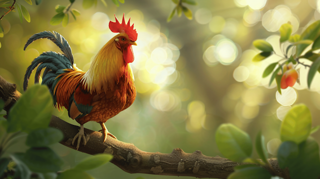 Vibrant Rooster on Tree Branch