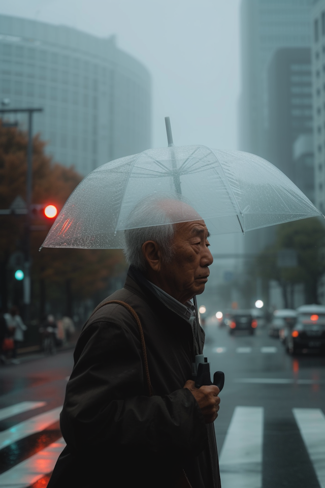 Elderly Man with Transparent Umbrella in City