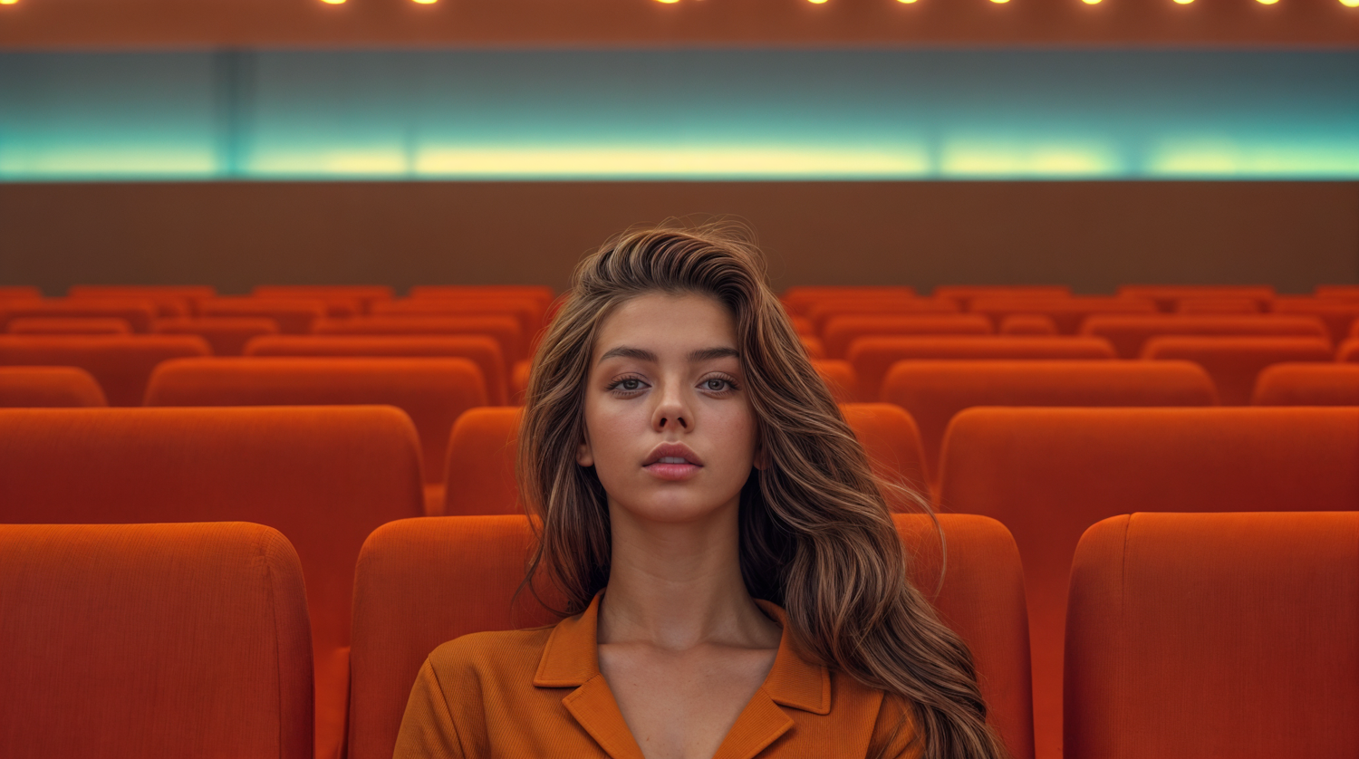 Contemplative Woman in Orange Cinema