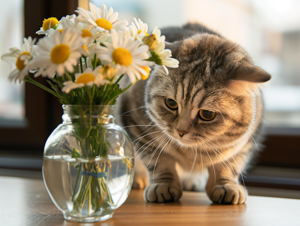 Curious Cat Examining Daisies in Vase