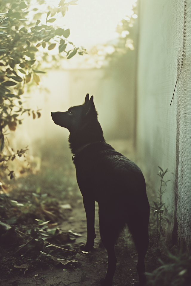 Curious Black Dog in Passageway