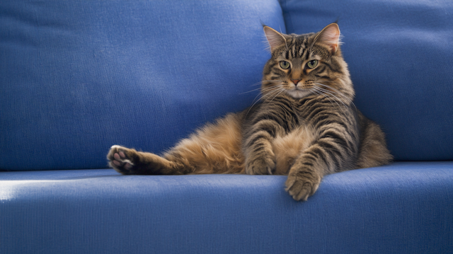 Fluffy Tabby Cat on Blue Couch