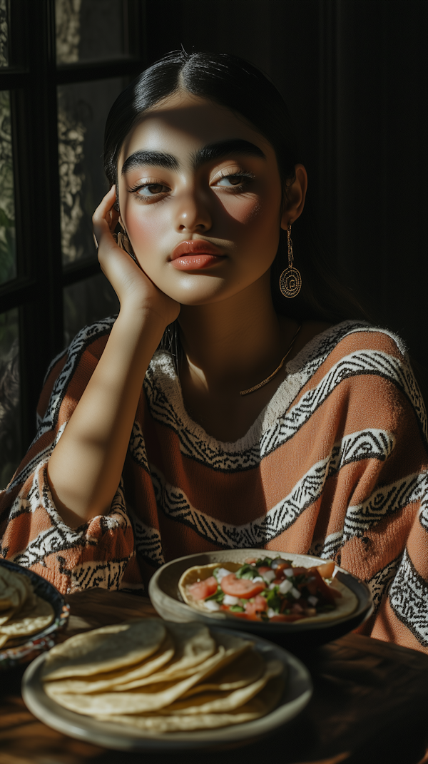 Contemplative Woman at Meal