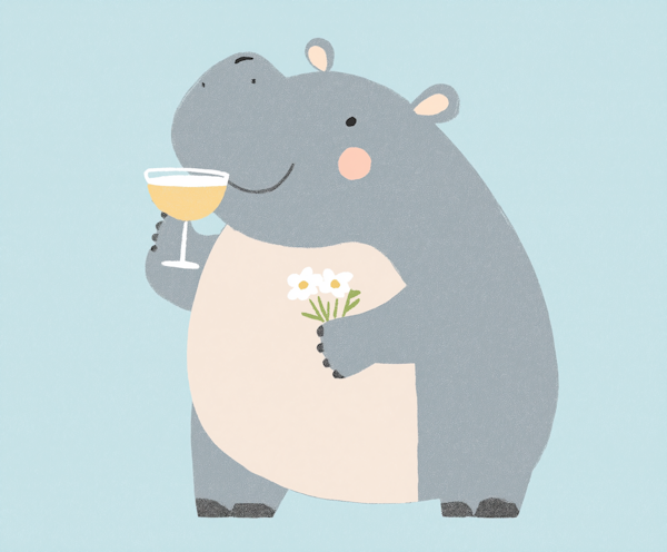 Cheerful Hippo with Wine and Flowers