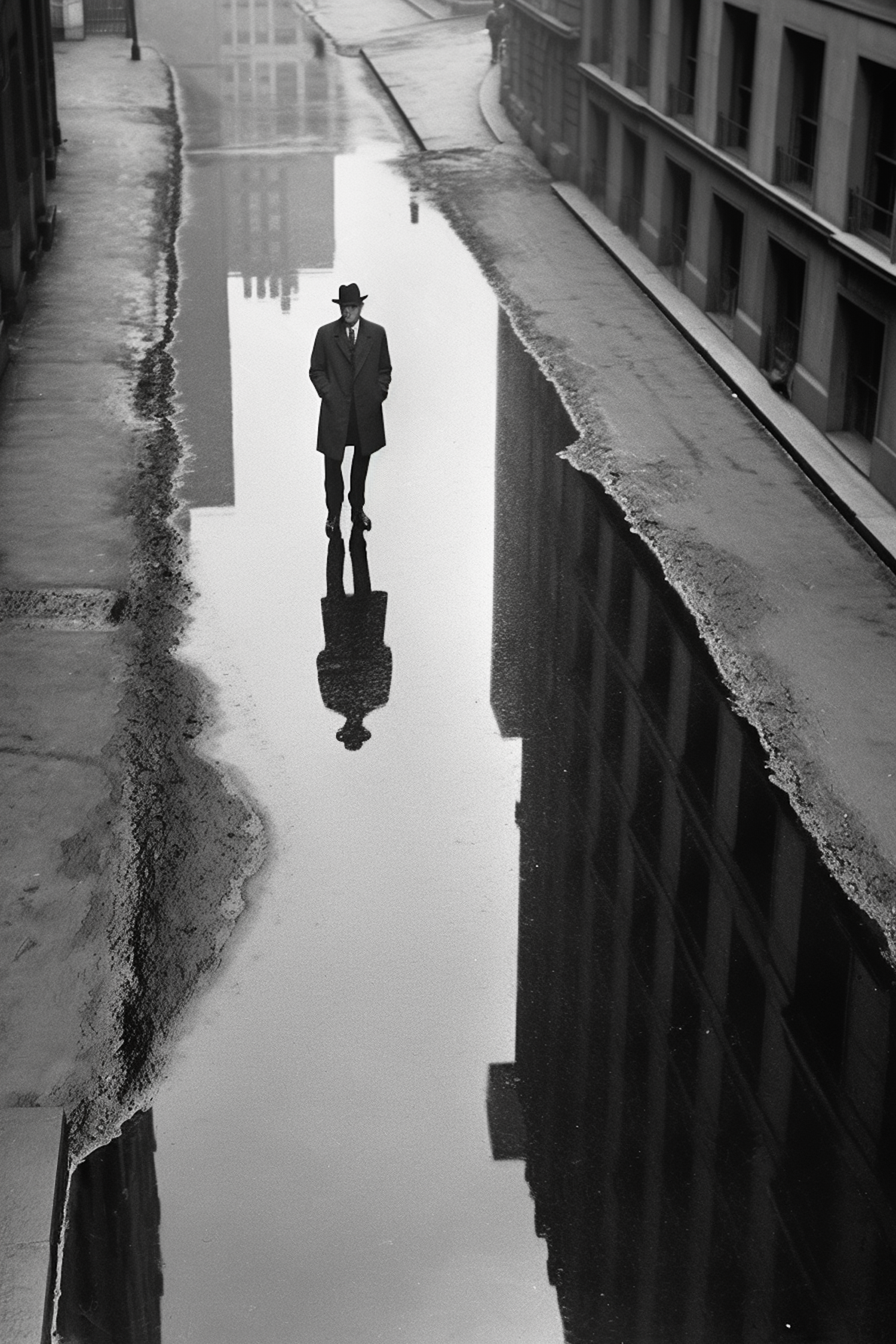 Solitary Figure in Reflective Urban Landscape