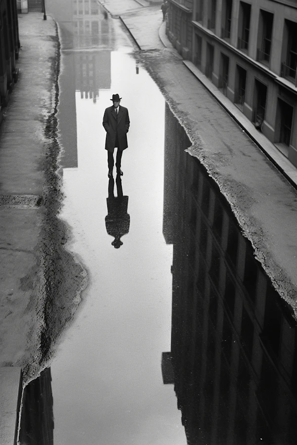 Solitary Figure in Reflective Urban Landscape