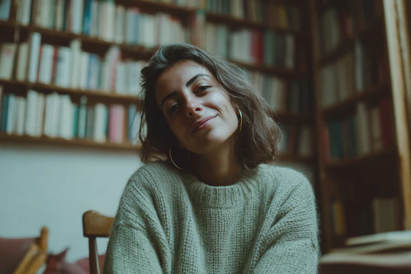 Woman in Cozy Library