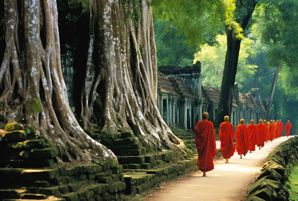 Monks' Procession Amidst Ancient Ruins