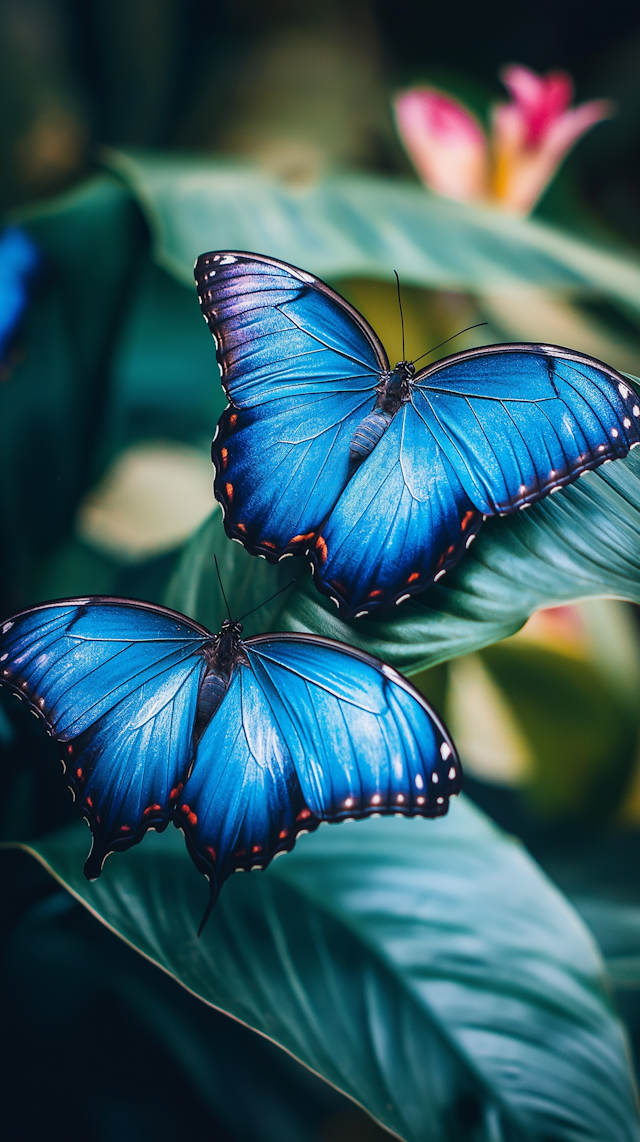 Two Vibrant Blue Butterflies on Green Leaves