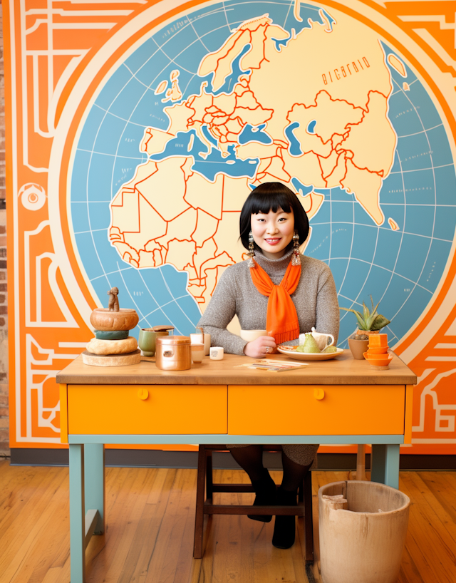 Cheerful Woman at Creative World Map Workspace