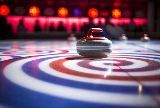 Curling Stone on Ice with Red Handle in the House